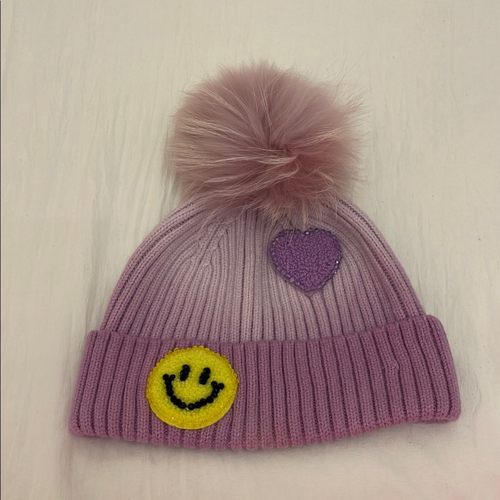Bari Lynn purple Kids Beanie with Pom Pom and Smiley Face